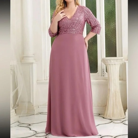 Plus sequin 3/4 sleeve Formal Prom Evening Party Wedding Dress - Picture 4 of 10